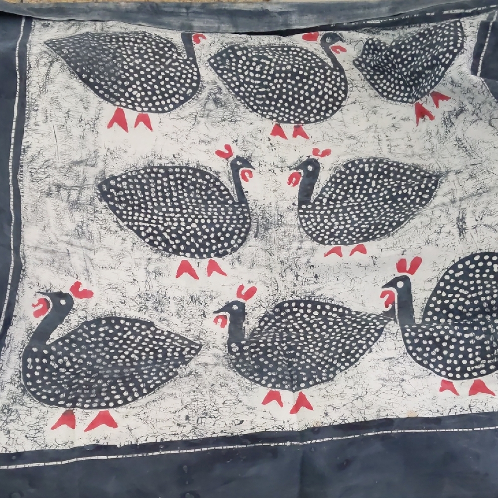 Unique Rare Hand Painted Batik Guinea Fowl Patterned Heavy Fabric Navy Red 60x60